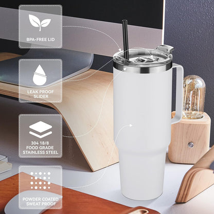 40 oz Stainless Steel Tumbler with Handle, Vacuum Insulated Tumblers Bulk, Reusable Double Wall Travel Coffee Mug, Durable Powder Coated Water Bottle(White, 1)