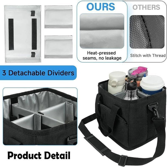 4 Compartment Insulated Drink Carrier Holder Bag, Multiple Tumbler Caddy, Leak-Proof Water Bottle Holder with Adjustable Strap&Dividers, Portable Foldable Drink Caddy Tote For Coffee, Travel, Outings