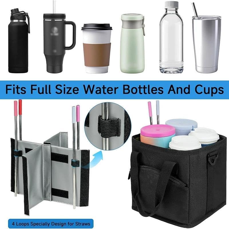 4 Compartment Insulated Drink Carrier Holder Bag, Multiple Tumbler Caddy, Leak-Proof Water Bottle Holder with Adjustable Strap&Dividers, Portable Foldable Drink Caddy Tote For Coffee, Travel, Outings