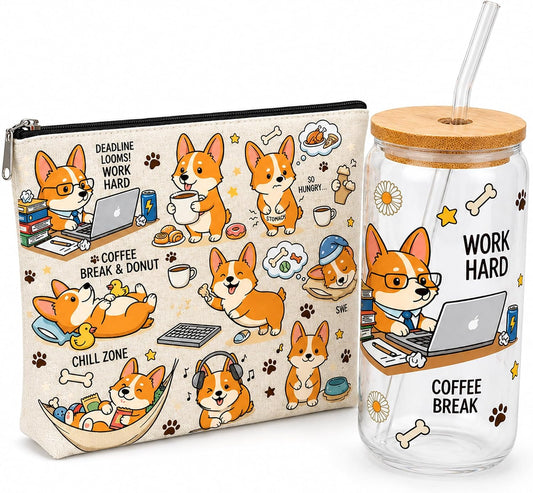 Corgi Daily 16oz Tumbler & Pouch Set– 1 Borosilicate Glass Tumbler with Bamboo Lid & Straw + 1 Canvas Corgis Pouch, Corgis Bag, Funny Desk Decor, Corgi Gifts for CorgiLovers, Dog Lover Office Gift