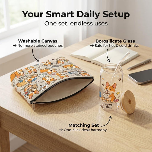 Corgi Daily 16oz Tumbler & Pouch Set– 1 Borosilicate Glass Tumbler with Bamboo Lid & Straw + 1 Canvas Corgis Pouch, Corgis Bag, Funny Desk Decor, Corgi Gifts for CorgiLovers, Dog Lover Office Gift