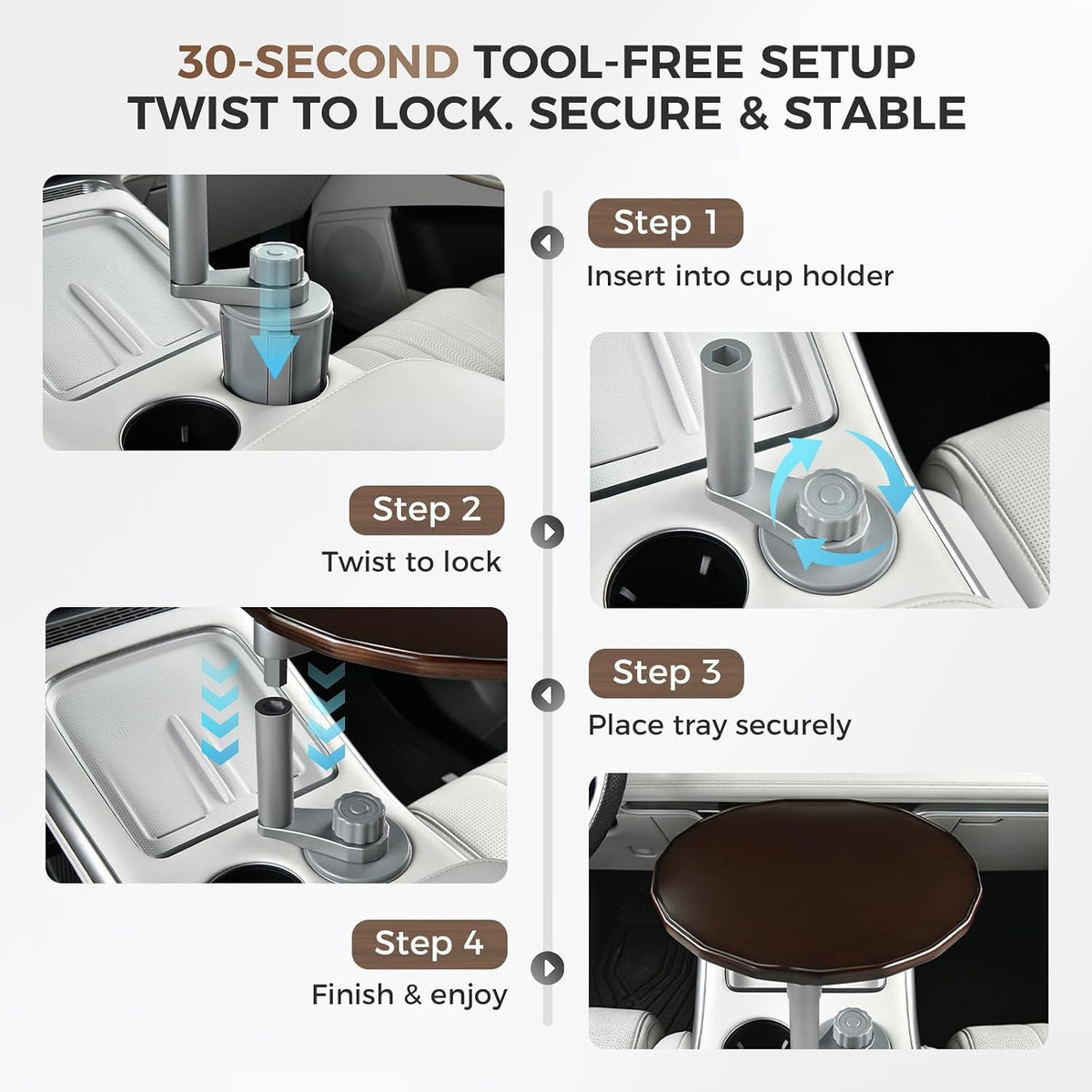 Car Tray and Cup Holders, 360° Rotating Car Desk for Laptop, Upgraded Steering Wheel Tray, Car Food Tray Table for Eating, Automatic Center Console Cup Holder Universal Fit