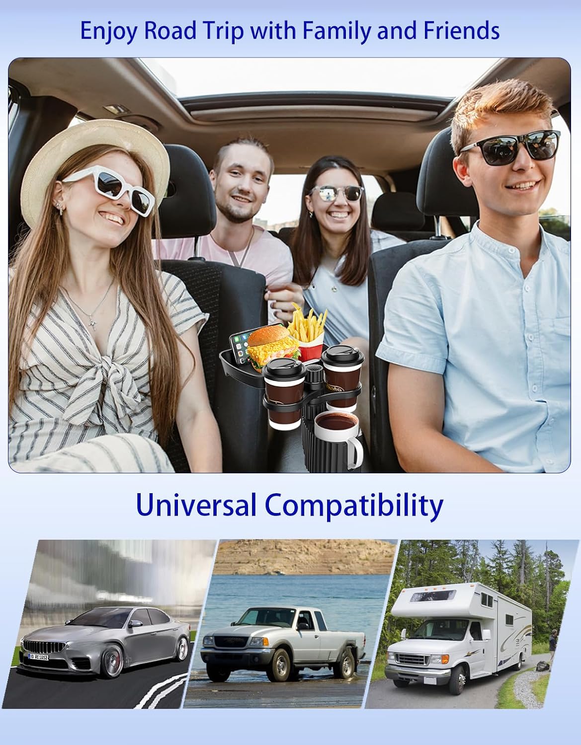 Car Cup Holder Tray - 4-in-1 Universal Car Cup Holder Expander with Snack Table and 3 Drink Mount for Automotive Road Trip, Driver and Front Passenger Organizer for Trucks, SUVs, Minivans