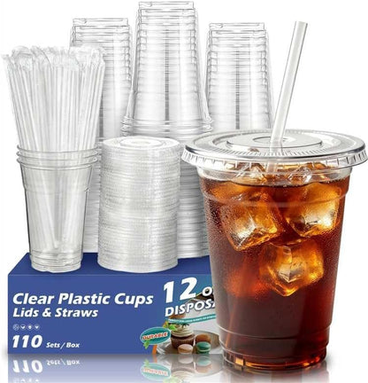 110 Pack 16 oz Clear Plastic Cups with Lids and Straws