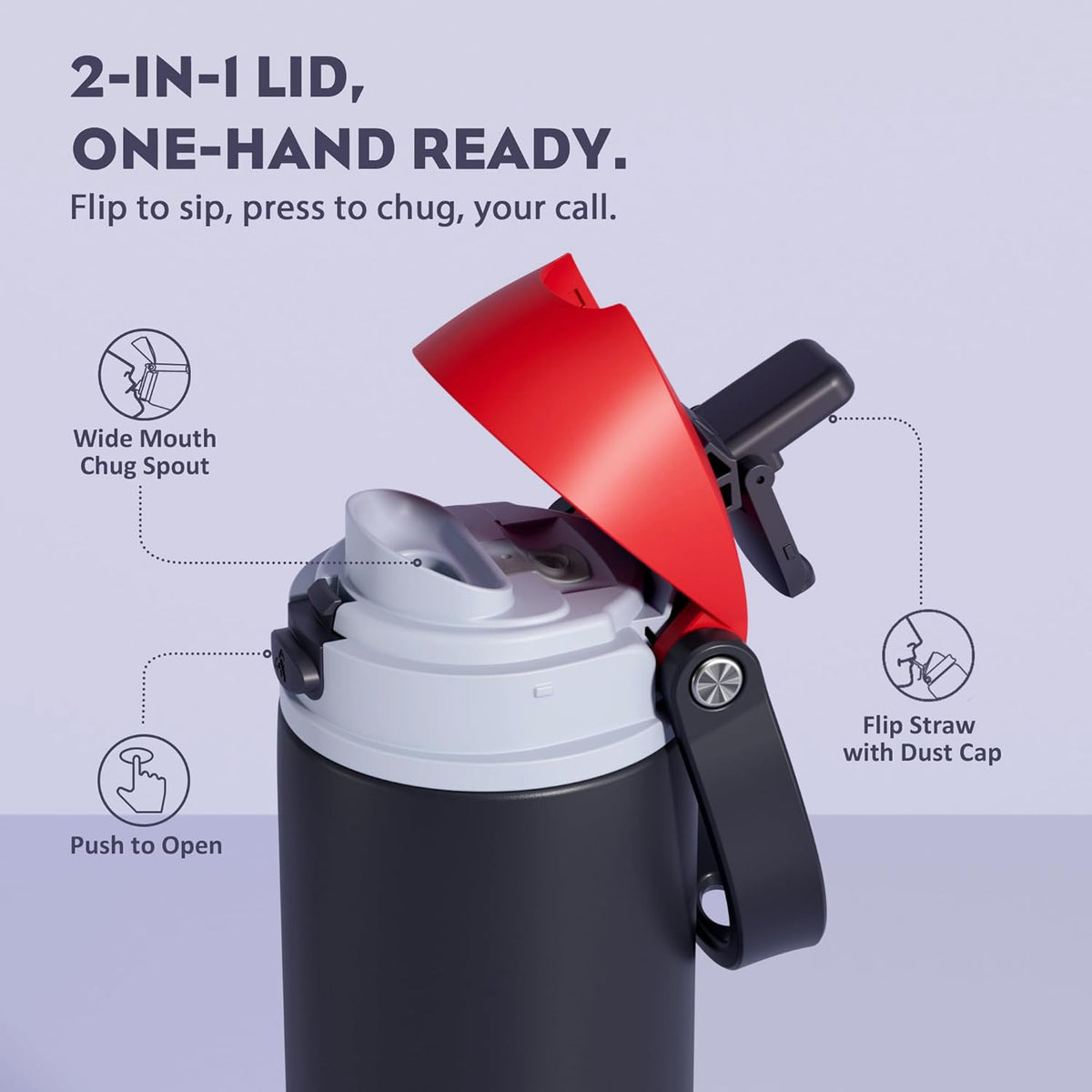 24 oz Travel Water Bottle: 2-in-1 Push-Button Spout & Quick-Flip Straw, Leakproof, Cold 24Hrs, Fits Car Cup Holder, Stainless Steel Cup for Sports, School, Commute, Camping (Mouse's Mischief) - Colors A