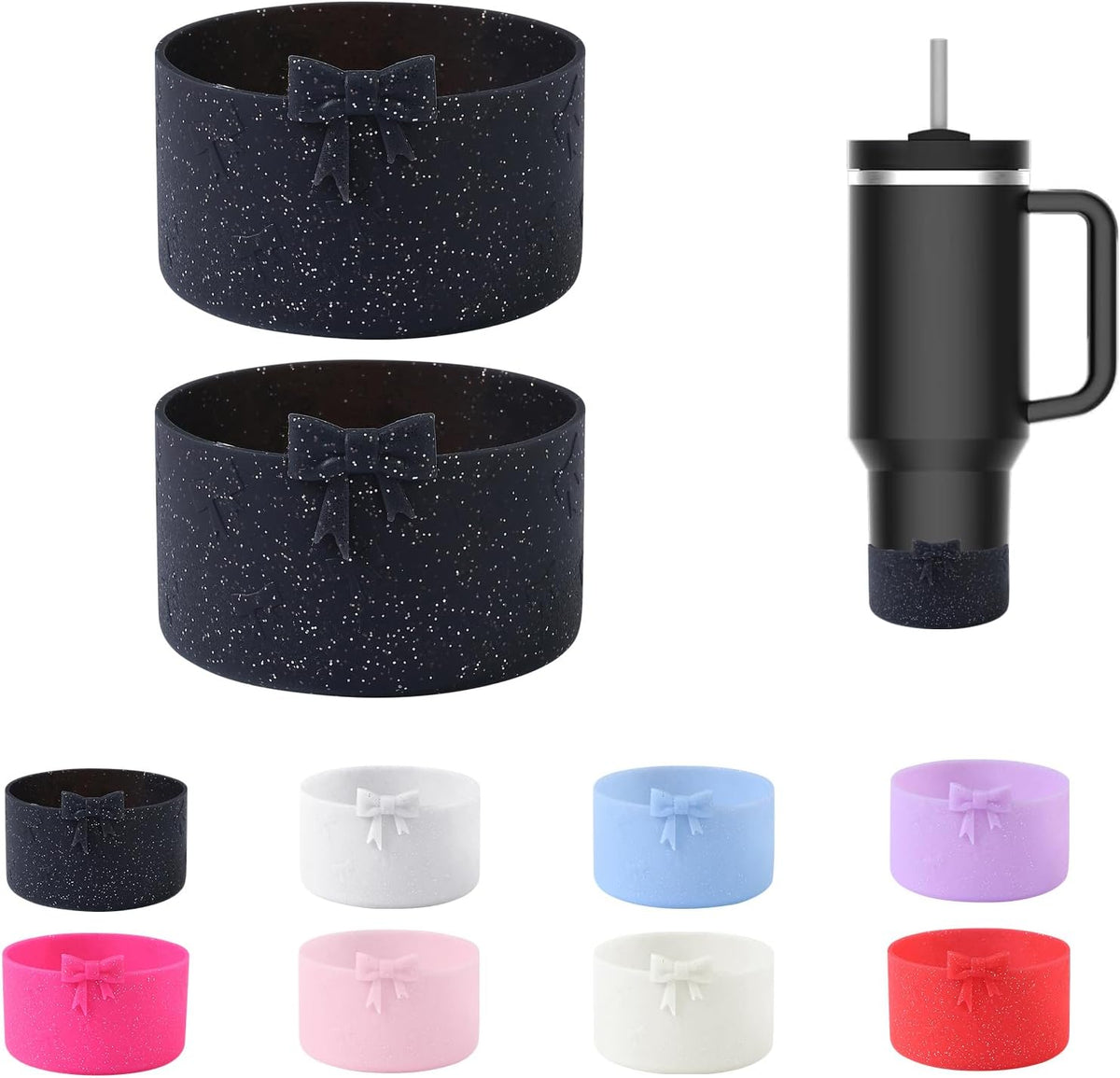 2PCS Bow Silicone Boot for Stanley Quencher Tumbler 30oz 40oz & IceFlow 20oz 30oz& Hydro Flask Water Bottle 12-24 oz Protective Bottom Sleeve Cover for Stanley Cup Accessories& Owala 24oz