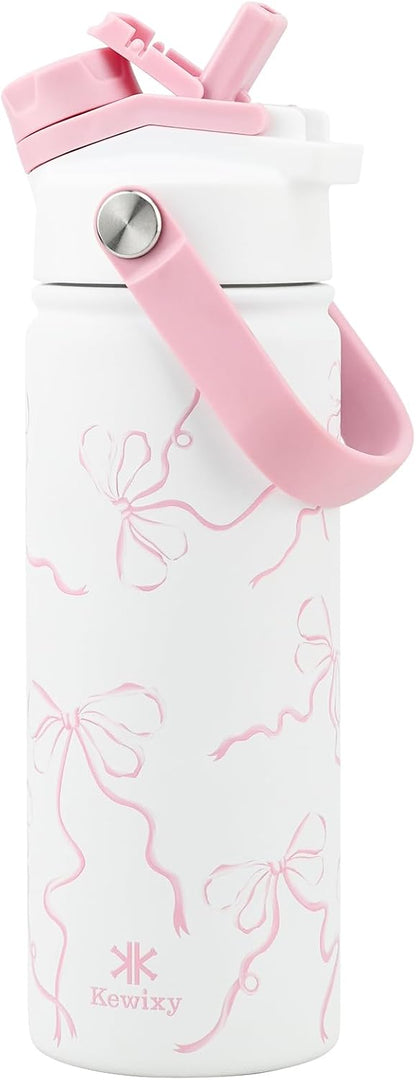 KEWIXY Kids Water Bottle for School, Easy Slide Lid, Leak Proof, Keep Cold 24H, Vacuum Insulated Tumbler, Metal Stainless Steel with Straw and Handle, for Boys&Girls (18OZ, Candy Pink)