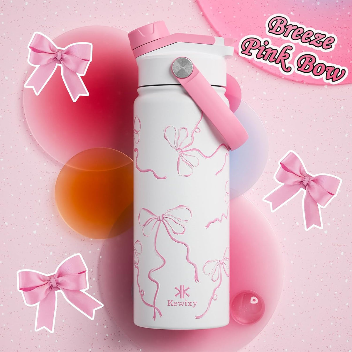 KEWIXY Kids Water Bottle for School, Easy Slide Lid, Leak Proof, Keep Cold 24H, Vacuum Insulated Tumbler, Metal Stainless Steel with Straw and Handle, for Boys&Girls (18OZ, Candy Pink)