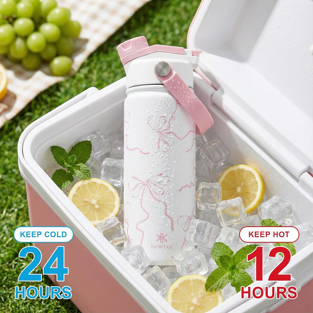 KEWIXY Kids Water Bottle for School, Easy Slide Lid, Leak Proof, Keep Cold 24H, Vacuum Insulated Tumbler, Metal Stainless Steel with Straw and Handle, for Boys&Girls (18OZ, Candy Pink)