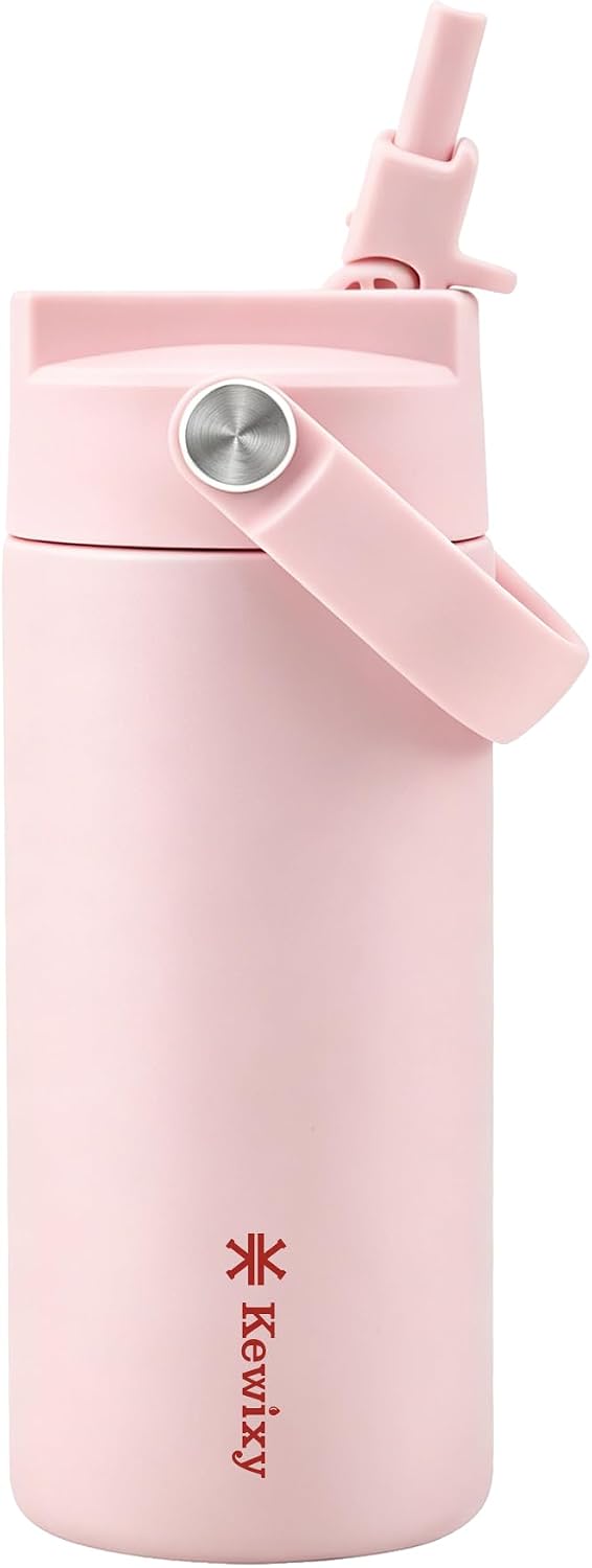 KEWIXY Kids Water Bottle for School, Easy Slide Lid, Leak Proof, Keep Cold 24H, Vacuum Insulated Tumbler, Metal Stainless Steel with Straw and Handle, for Boys&Girls (18OZ, Candy Pink)