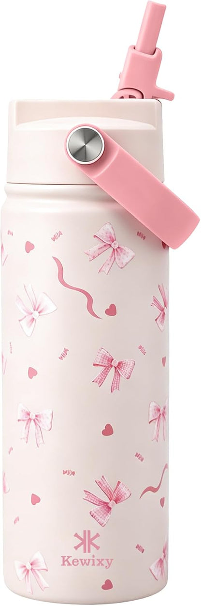 KEWIXY Kids Water Bottle for School, Easy Slide Lid, Leak Proof, Keep Cold 24H, Vacuum Insulated Tumbler, Metal Stainless Steel with Straw and Handle, for Boys&Girls (18OZ, Candy Pink)