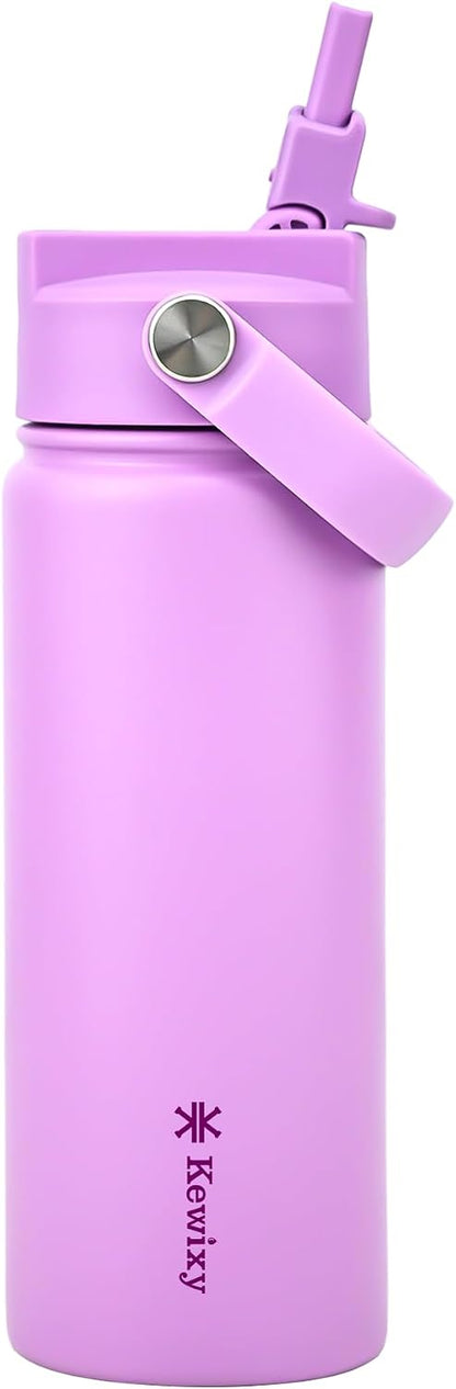 KEWIXY Kids Water Bottle for School, Easy Slide Lid, Leak Proof, Keep Cold 24H, Vacuum Insulated Tumbler, Metal Stainless Steel with Straw and Handle, for Boys&Girls (18OZ, Candy Pink)