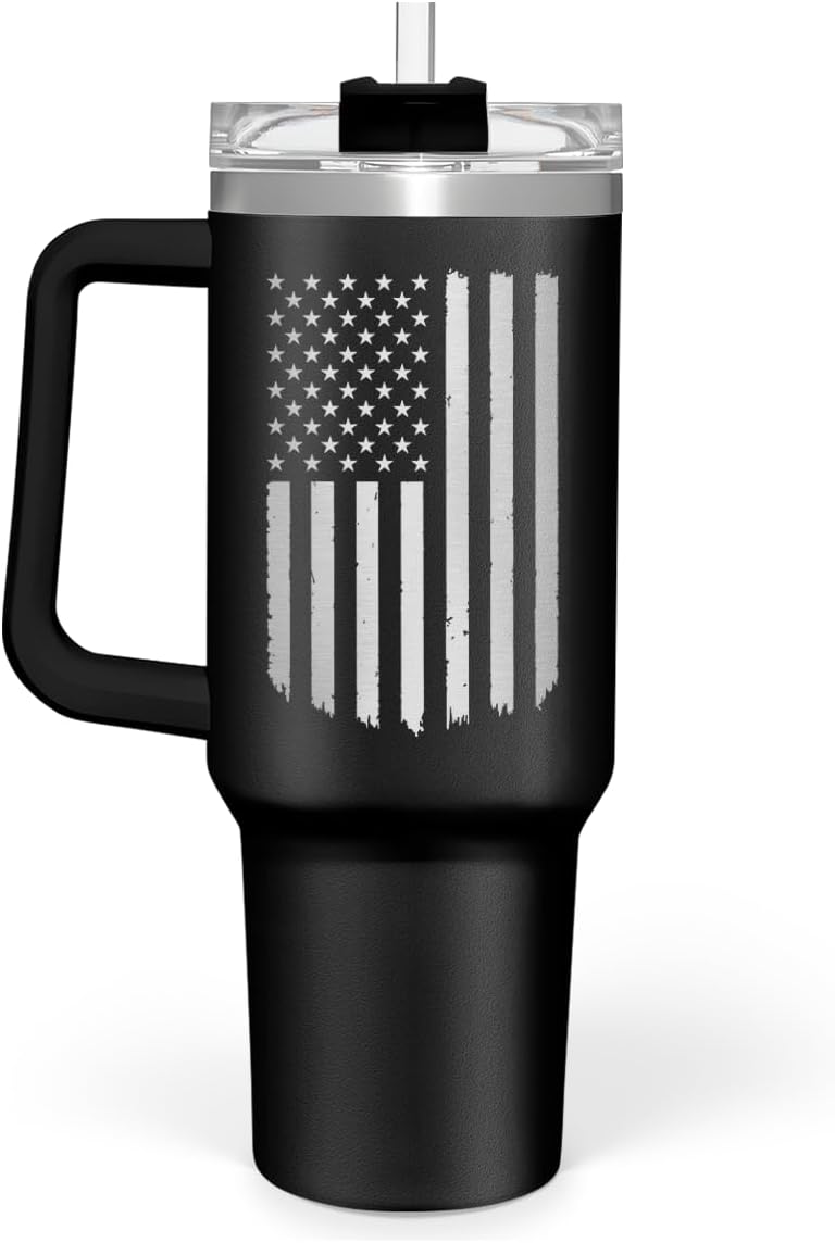 American Flag Tumbler with Handle, America 40oz Stainless Steel Insulated Coffee Mug with Lid & Straw, America Gifts for Men Women, USA Tumblers Cup Gift for Christmas