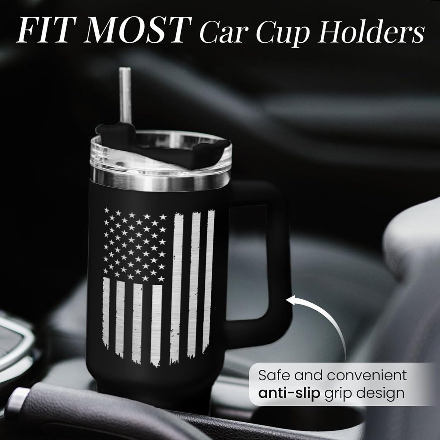 American Flag Tumbler with Handle, America 40oz Stainless Steel Insulated Coffee Mug with Lid & Straw, America Gifts for Men Women, USA Tumblers Cup Gift for Christmas