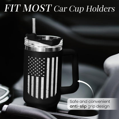 American Flag Tumbler with Handle, America 40oz Stainless Steel Insulated Coffee Mug with Lid & Straw, America Gifts for Men Women, USA Tumblers Cup Gift for Christmas