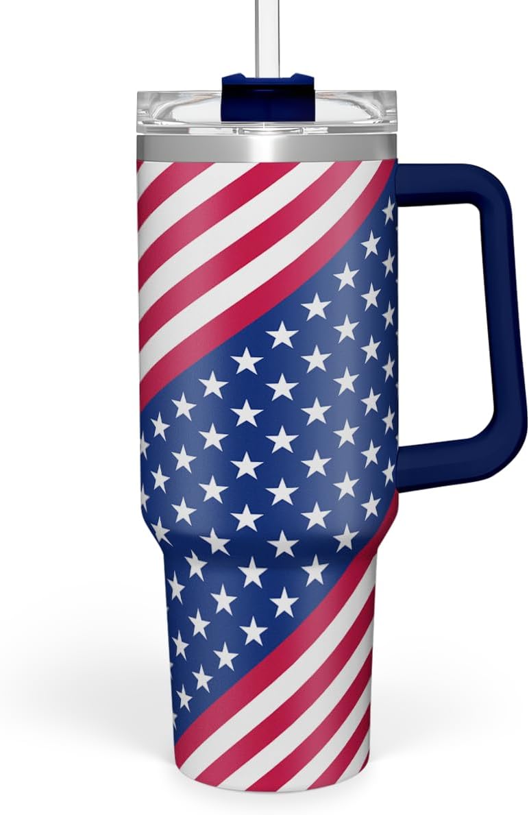 American Flag Tumbler with Handle, America 40oz Stainless Steel Insulated Coffee Mug with Lid & Straw, America Gifts for Men Women, USA Tumblers Cup Gift for Christmas