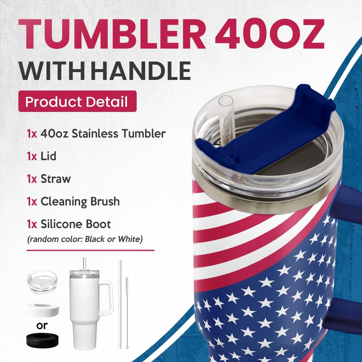 American Flag Tumbler with Handle, America 40oz Stainless Steel Insulated Coffee Mug with Lid & Straw, America Gifts for Men Women, USA Tumblers Cup Gift for Christmas