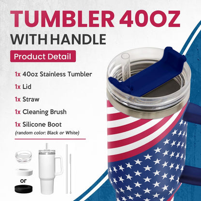American Flag Tumbler with Handle, America 40oz Stainless Steel Insulated Coffee Mug with Lid & Straw, America Gifts for Men Women, USA Tumblers Cup Gift for Christmas