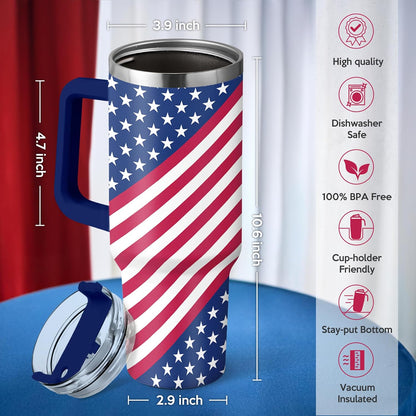 American Flag Tumbler with Handle, America 40oz Stainless Steel Insulated Coffee Mug with Lid & Straw, America Gifts for Men Women, USA Tumblers Cup Gift for Christmas