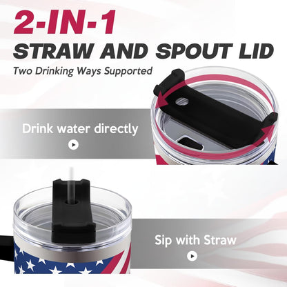 American Flag Tumbler with Handle, America 40oz Stainless Steel Insulated Coffee Mug with Lid & Straw, America Gifts for Men Women, USA Tumblers Cup Gift for Christmas