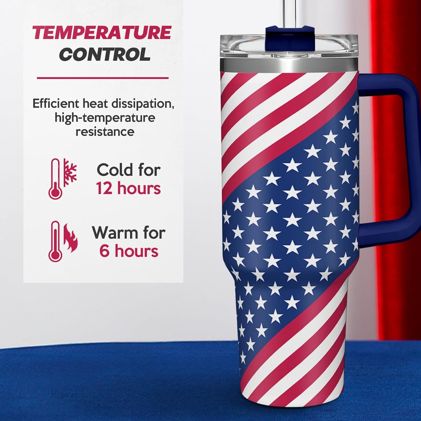 American Flag Tumbler with Handle, America 40oz Stainless Steel Insulated Coffee Mug with Lid & Straw, America Gifts for Men Women, USA Tumblers Cup Gift for Christmas