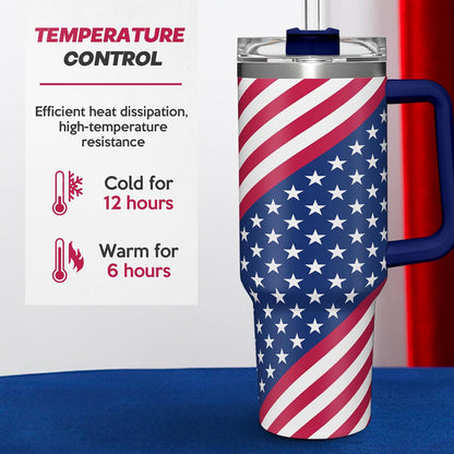 American Flag Tumbler with Handle, America 40oz Stainless Steel Insulated Coffee Mug with Lid & Straw, America Gifts for Men Women, USA Tumblers Cup Gift for Christmas
