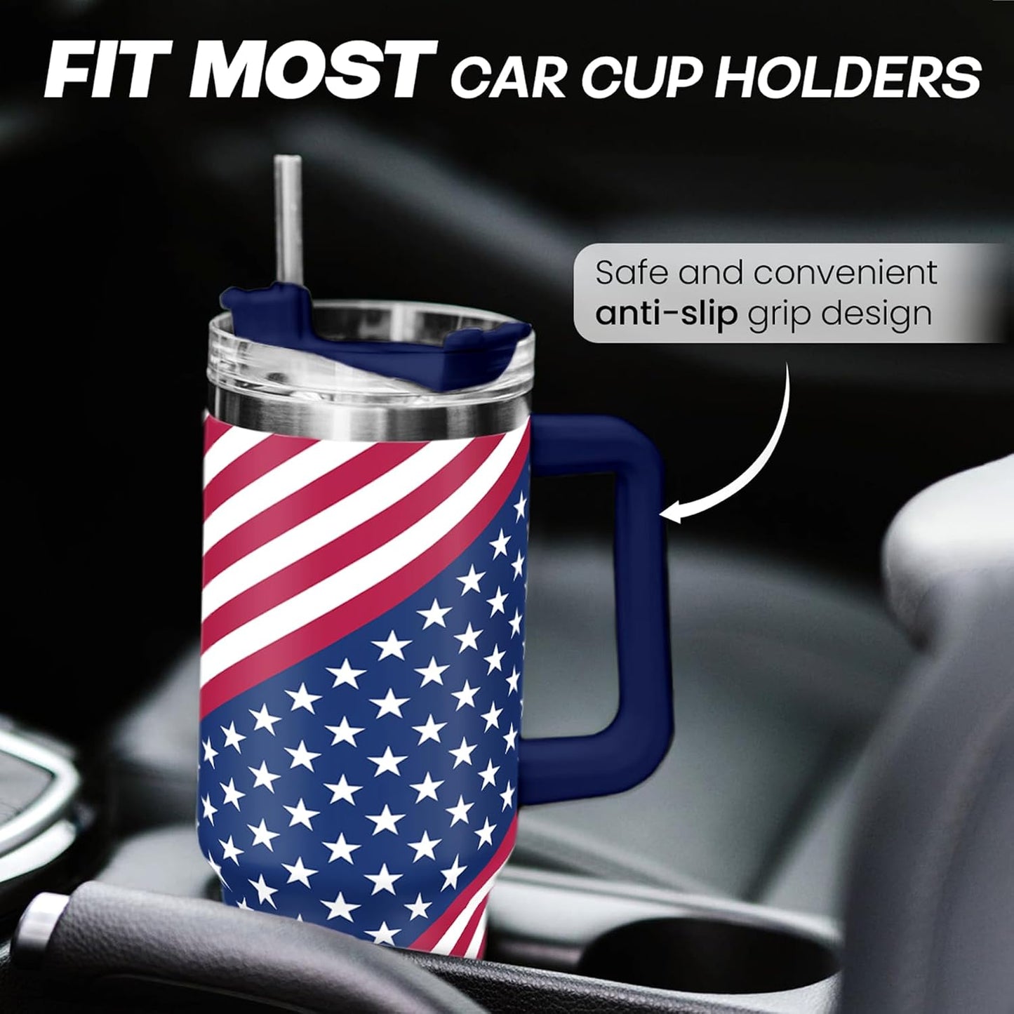 American Flag Tumbler with Handle, America 40oz Stainless Steel Insulated Coffee Mug with Lid & Straw, America Gifts for Men Women, USA Tumblers Cup Gift for Christmas