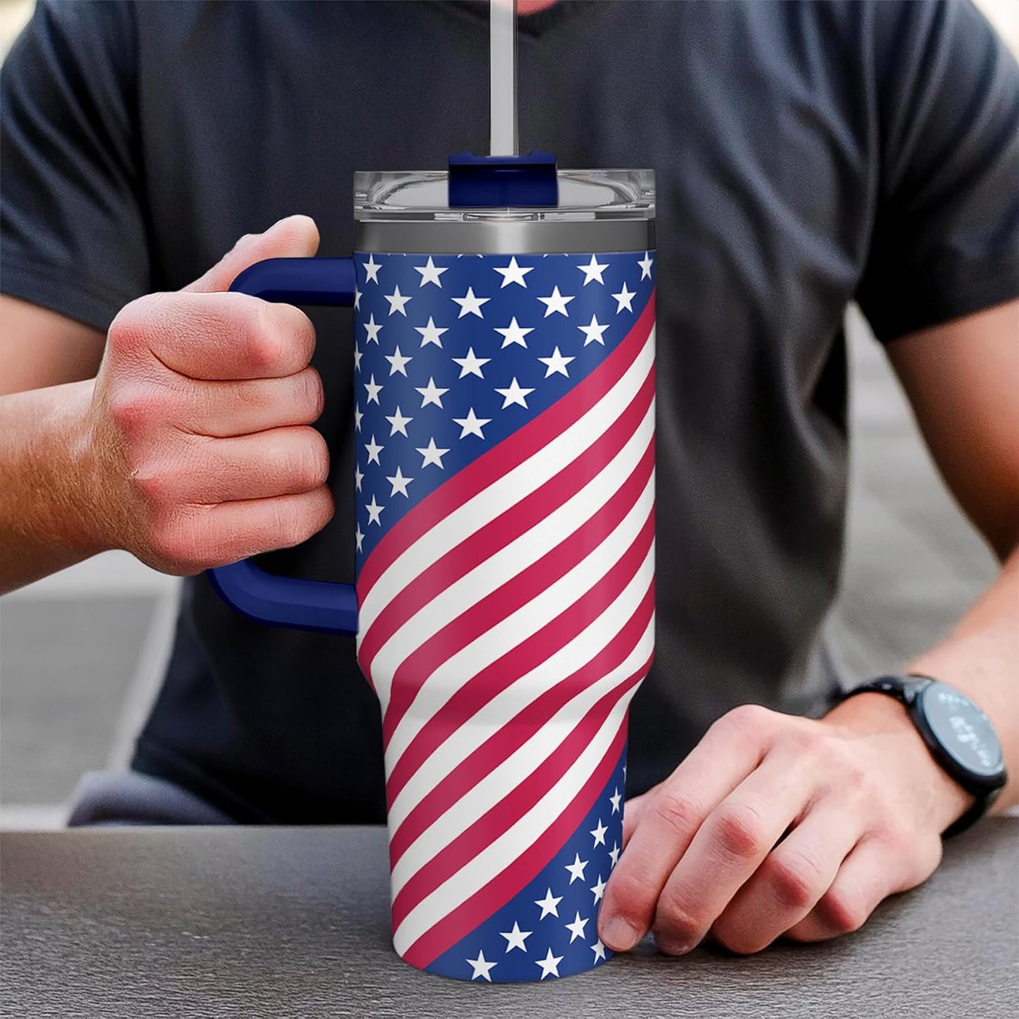 American Flag Tumbler with Handle, America 40oz Stainless Steel Insulated Coffee Mug with Lid & Straw, America Gifts for Men Women, USA Tumblers Cup Gift for Christmas