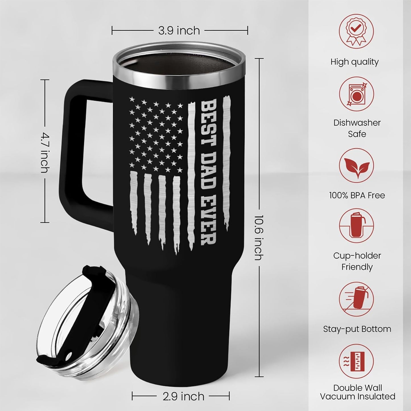 American Flag Tumbler with Handle, America 40oz Stainless Steel Insulated Coffee Mug with Lid & Straw, America Gifts for Men Women, USA Tumblers Cup Gift for Christmas