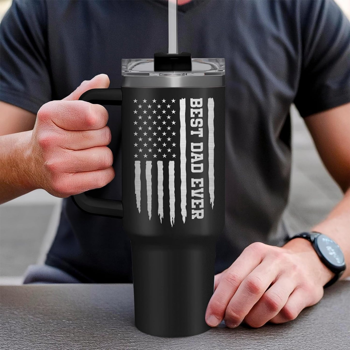 American Flag Tumbler with Handle, America 40oz Stainless Steel Insulated Coffee Mug with Lid & Straw, America Gifts for Men Women, USA Tumblers Cup Gift for Christmas