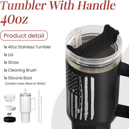 American Flag Tumbler with Handle, America 40oz Stainless Steel Insulated Coffee Mug with Lid & Straw, America Gifts for Men Women, USA Tumblers Cup Gift for Christmas