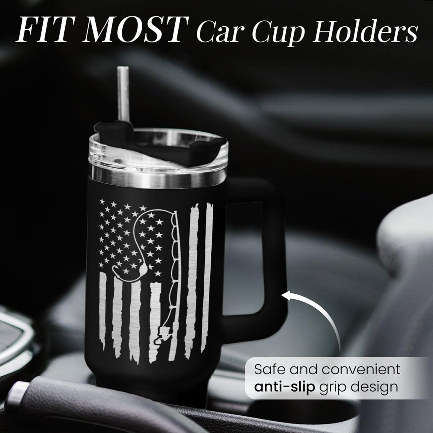 American Flag Tumbler with Handle, America 40oz Stainless Steel Insulated Coffee Mug with Lid & Straw, America Gifts for Men Women, USA Tumblers Cup Gift for Christmas