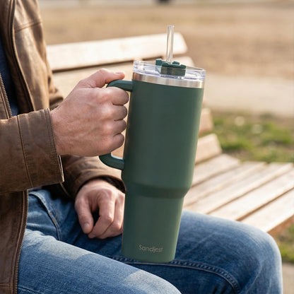 American Flag Tumbler with Handle, America 40oz Stainless Steel Insulated Coffee Mug with Lid & Straw, America Gifts for Men Women, USA Tumblers Cup Gift for Christmas