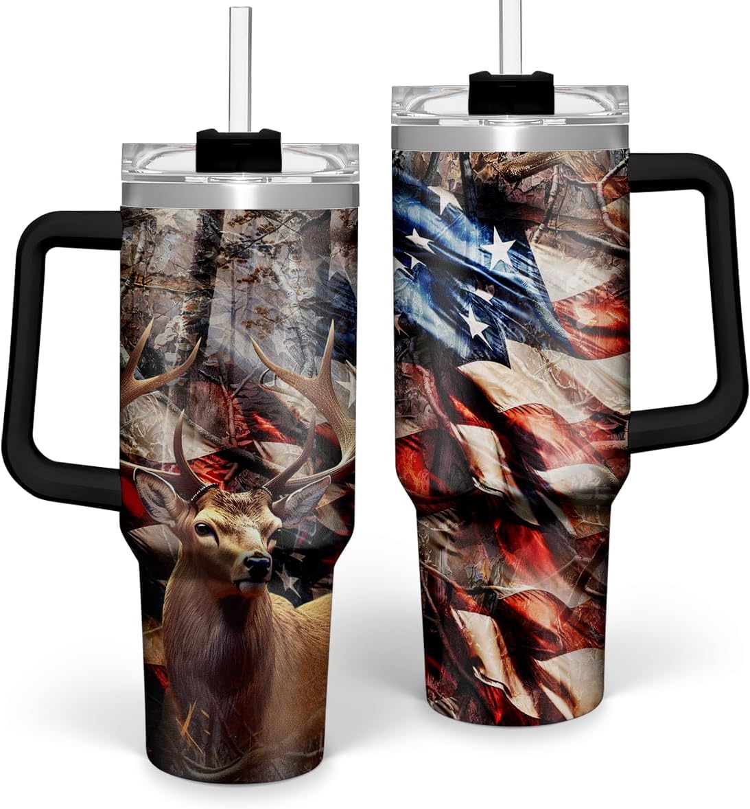 American Flag Tumbler with Handle, America 40oz Stainless Steel Insulated Coffee Mug with Lid & Straw, America Gifts for Men Women, USA Tumblers Cup Gift for Christmas