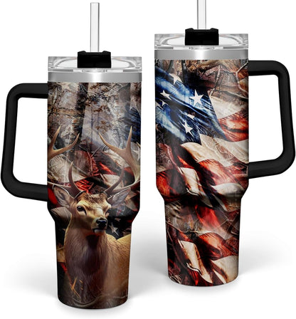 American Flag Tumbler with Handle, America 40oz Stainless Steel Insulated Coffee Mug with Lid & Straw, America Gifts for Men Women, USA Tumblers Cup Gift for Christmas