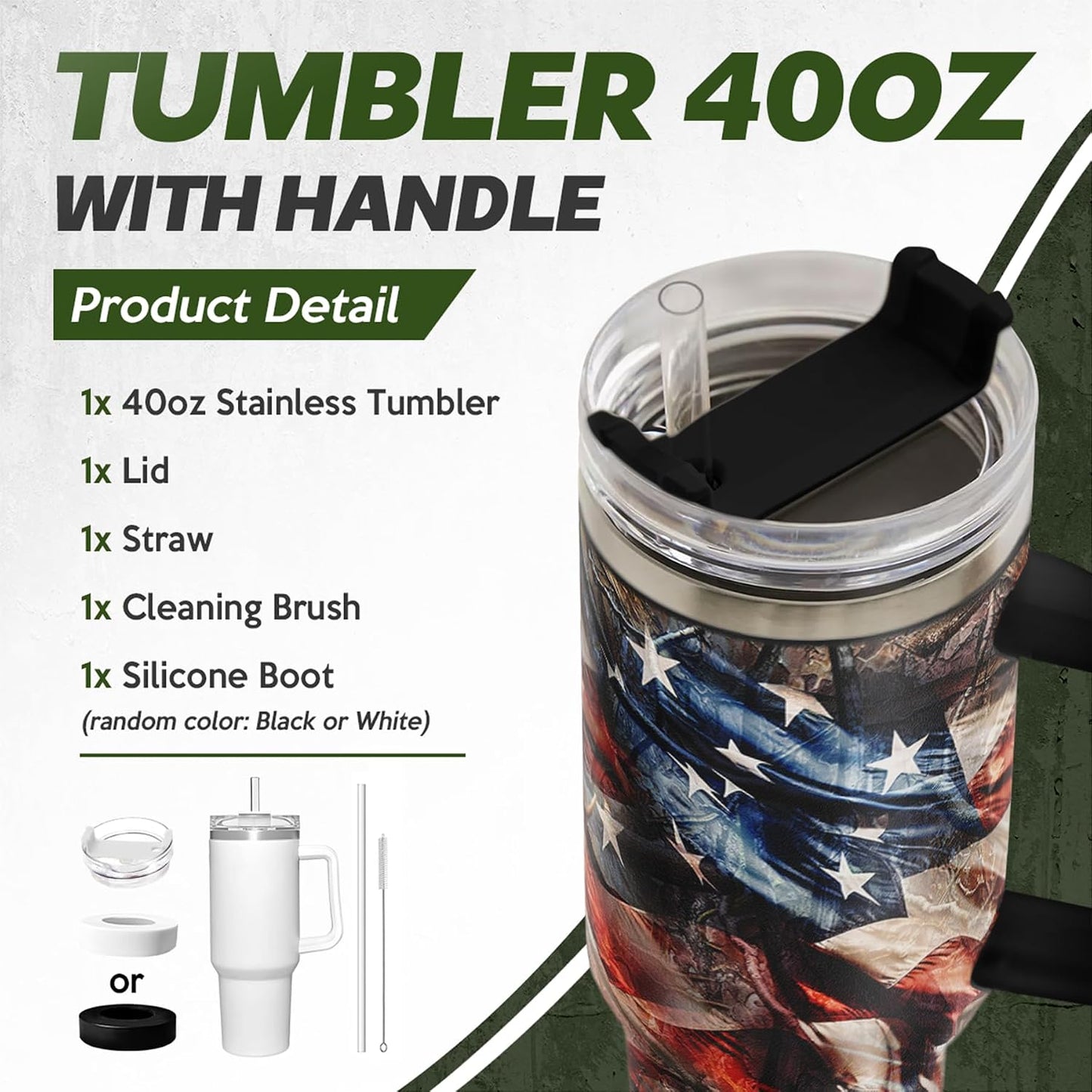 American Flag Tumbler with Handle, America 40oz Stainless Steel Insulated Coffee Mug with Lid & Straw, America Gifts for Men Women, USA Tumblers Cup Gift for Christmas
