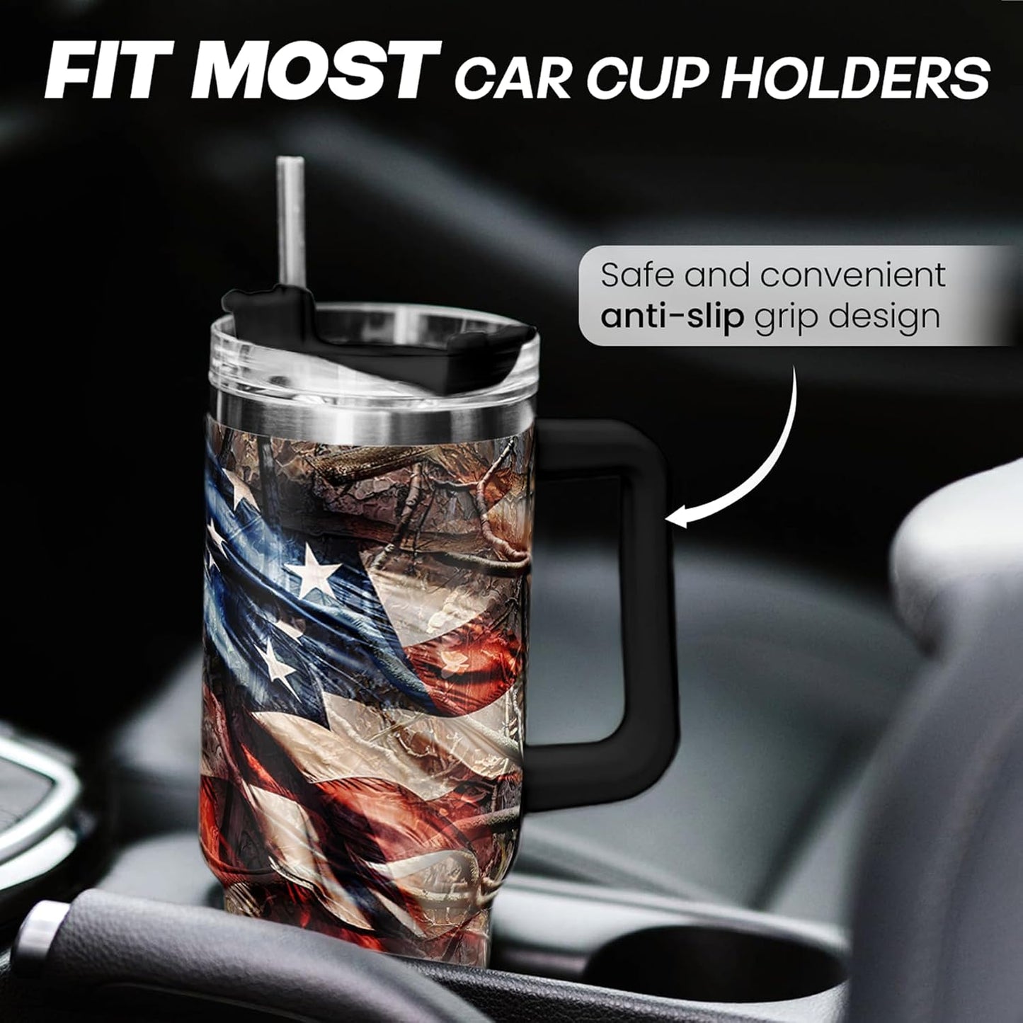 American Flag Tumbler with Handle, America 40oz Stainless Steel Insulated Coffee Mug with Lid & Straw, America Gifts for Men Women, USA Tumblers Cup Gift for Christmas