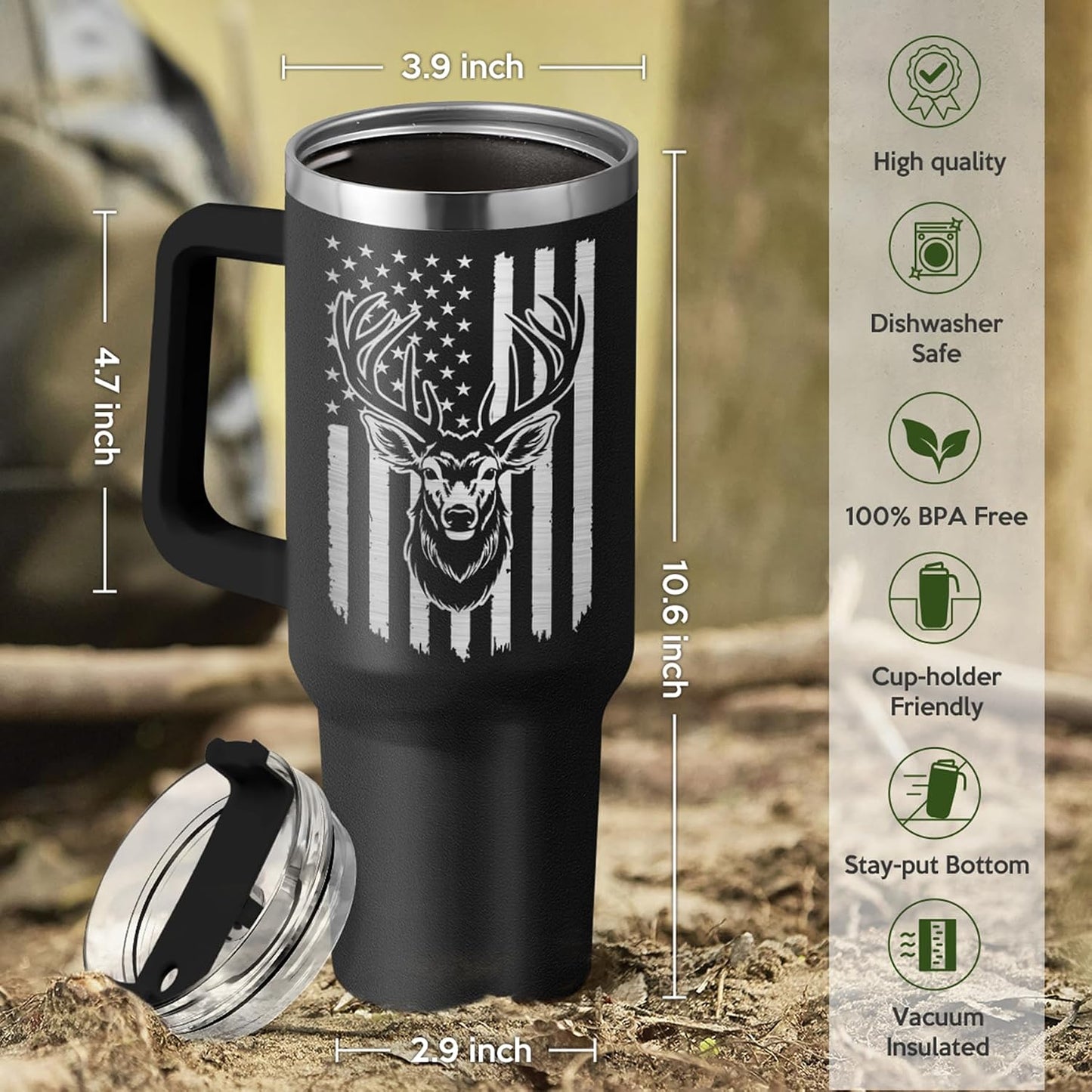 American Flag Tumbler with Handle, America 40oz Stainless Steel Insulated Coffee Mug with Lid & Straw, America Gifts for Men Women, USA Tumblers Cup Gift for Christmas