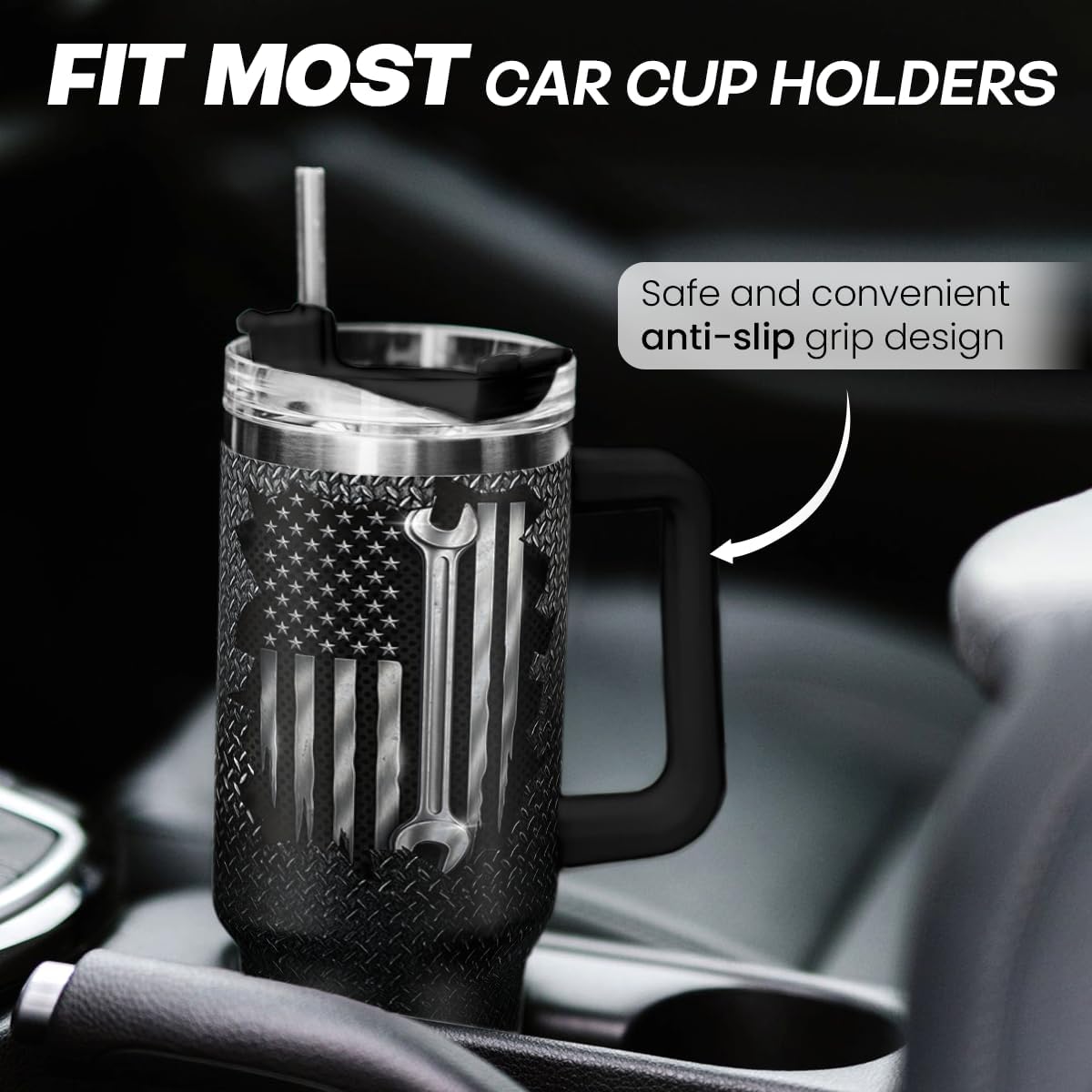 American Flag Tumbler with Handle, America 40oz Stainless Steel Insulated Coffee Mug with Lid & Straw, America Gifts for Men Women, USA Tumblers Cup Gift for Christmas