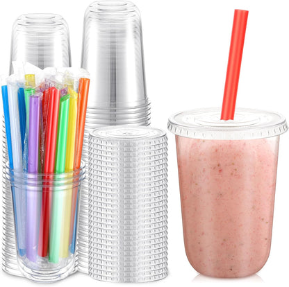 12 Oz Plastic Cups with Lids and Jumbo Straws, Multicolor