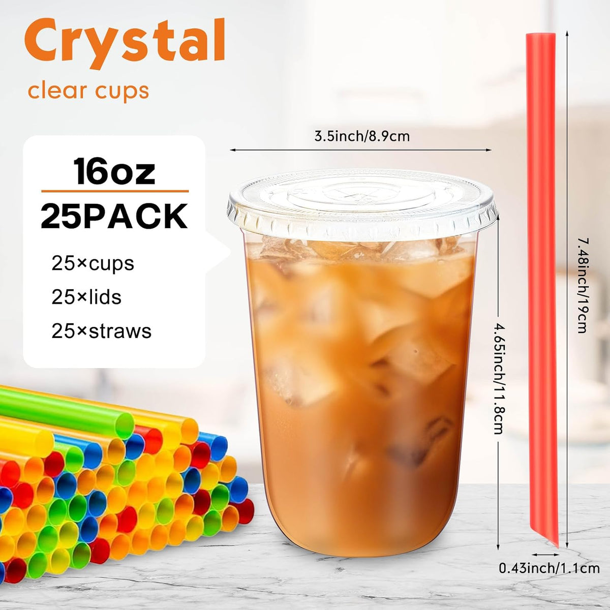 12 Oz Plastic Cups with Lids and Jumbo Straws, Multicolor