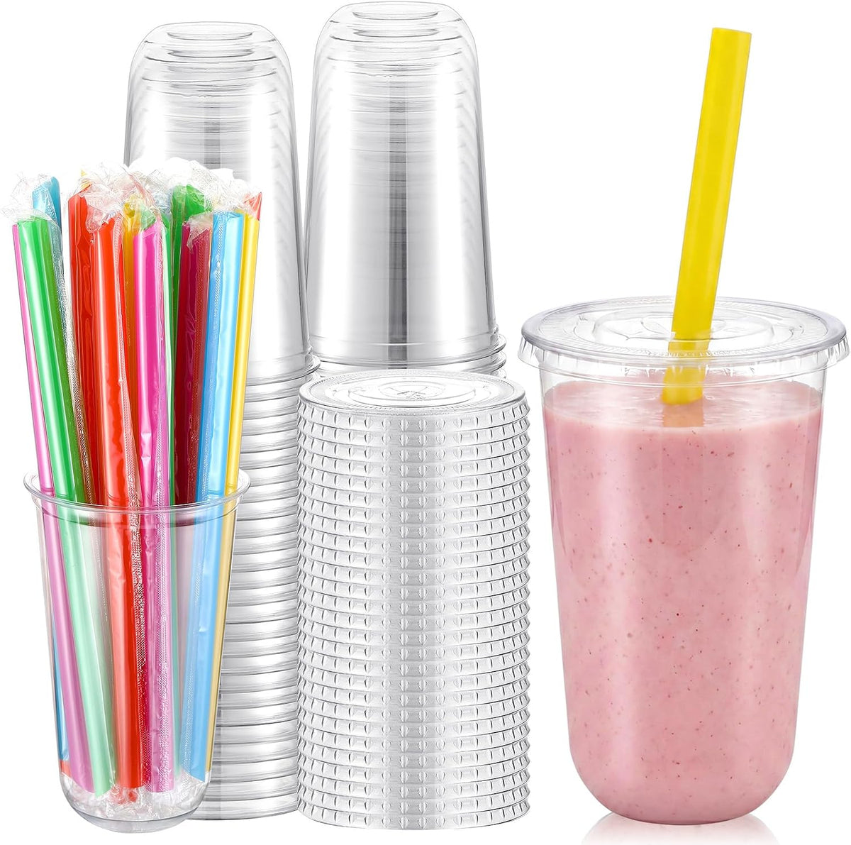 12 Oz Plastic Cups with Lids and Jumbo Straws, Multicolor