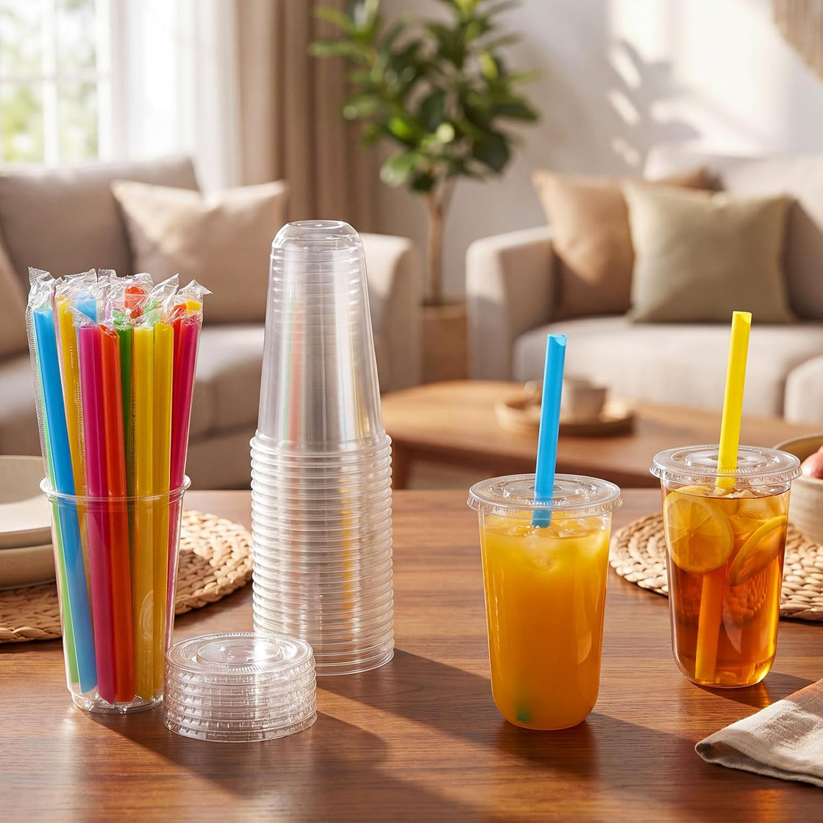 12 Oz Plastic Cups with Lids and Jumbo Straws, Multicolor