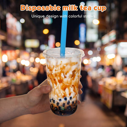 12 Oz Plastic Cups with Lids and Jumbo Straws, Multicolor
