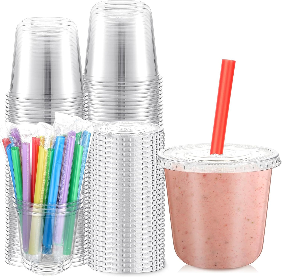 12 Oz Plastic Cups with Lids and Jumbo Straws, Multicolor
