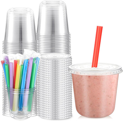 12 Oz Plastic Cups with Lids and Jumbo Straws, Multicolor