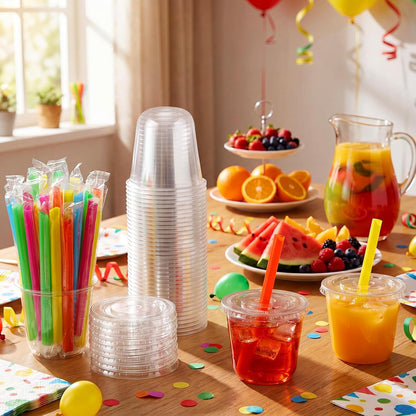 12 Oz Plastic Cups with Lids and Jumbo Straws, Multicolor