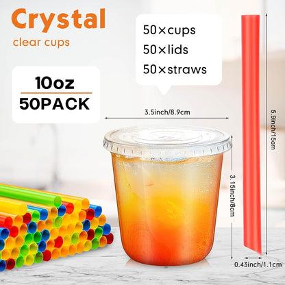 12 Oz Plastic Cups with Lids and Jumbo Straws, Multicolor