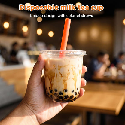 12 Oz Plastic Cups with Lids and Jumbo Straws, Multicolor