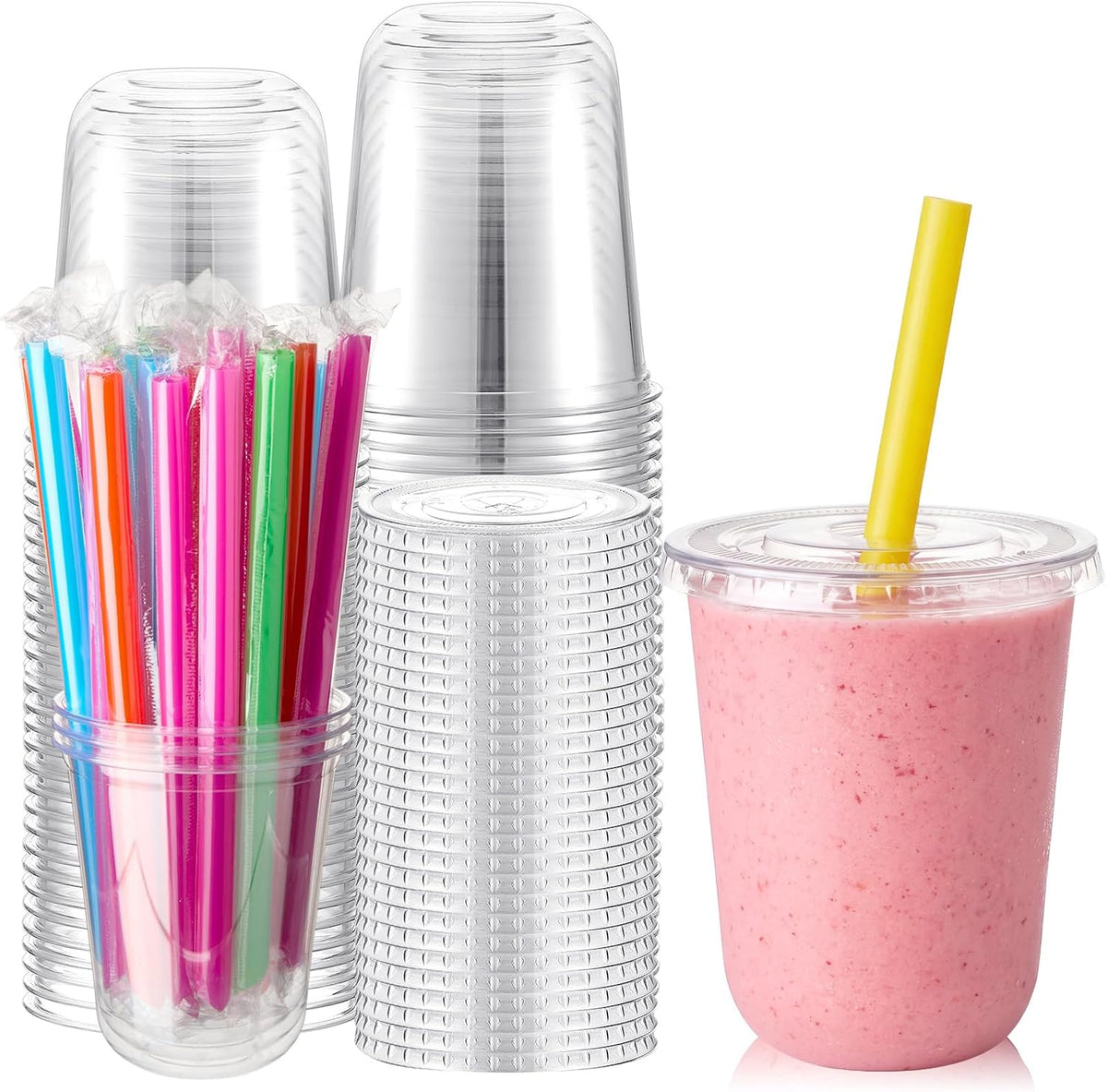 12 Oz Plastic Cups with Lids and Jumbo Straws, Multicolor